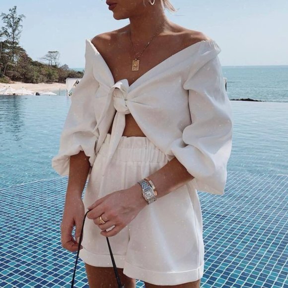 In The Style Two Piece Short and Crop Top Set, White - Picture 1 of 8